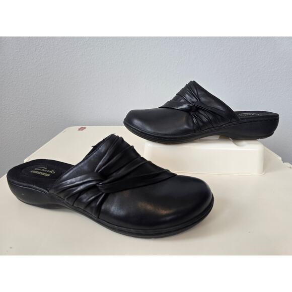 Clarks Collection Black Leather Mules Comfort Slip-Ons Size 9.5M Essentials - Picture 1 of 7